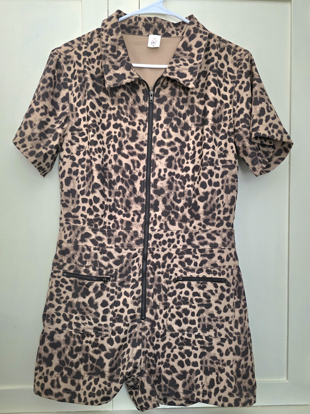Leopard Print Zipper Romper - Beige & Black